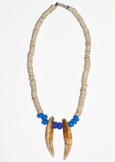 Necklace with blue glass-beads and animals teeth - West Africa