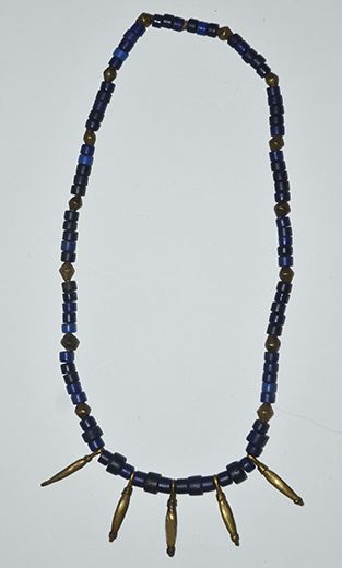 Blue glass-bead necklace with metal triangles - West Africa